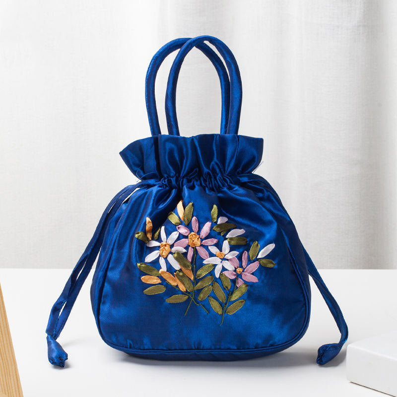 Embroidered Flower Bucket Bag: Small, Top Handle, National Style