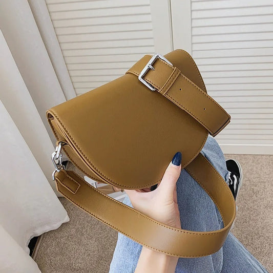 Retro Solid Color Saddle Bag - High Quality Leather Shoulder Bag